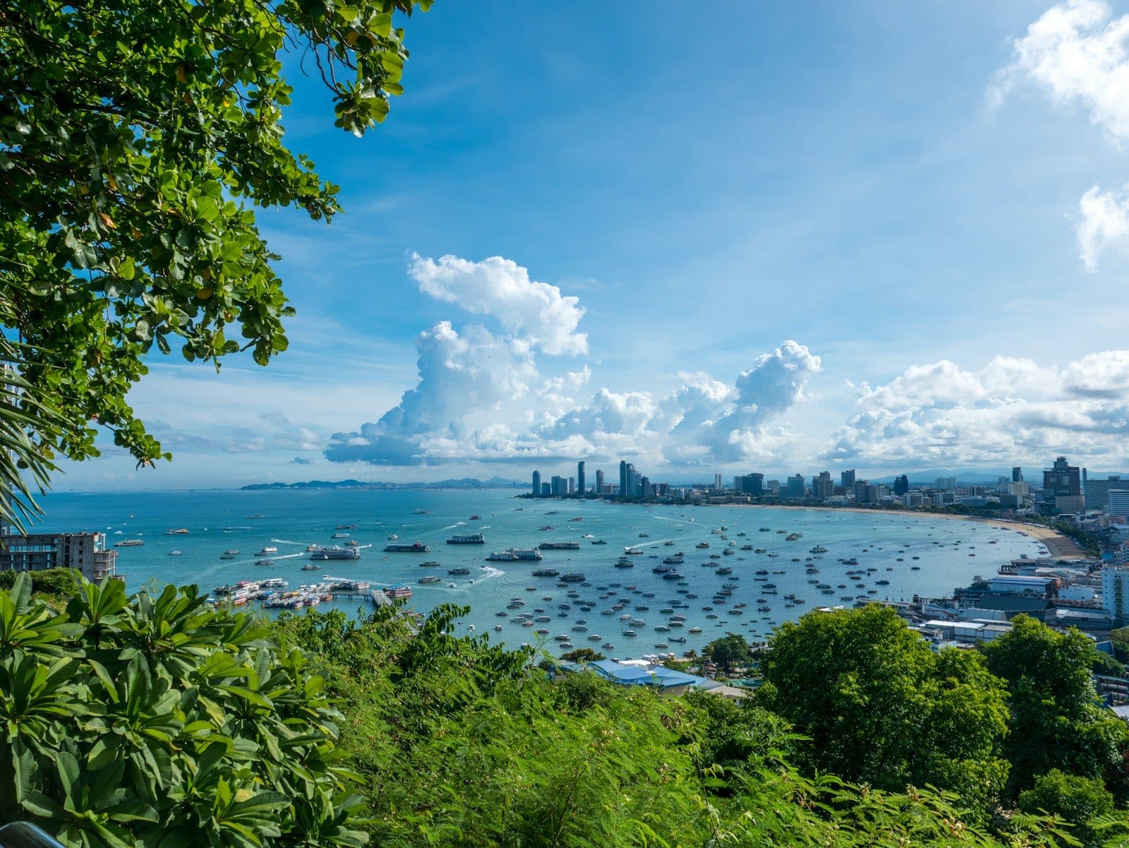 Pattaya Bay dotted with boats beneath the city skyline, framed by green foliage